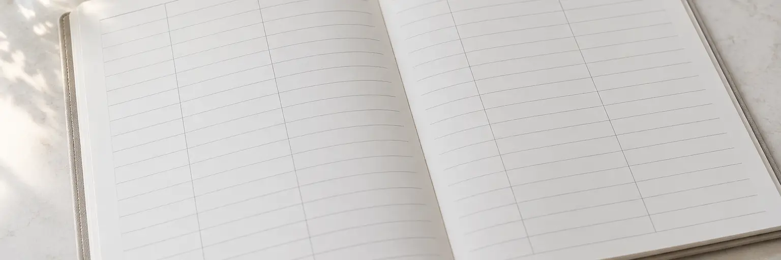 A paper appointment book lying open on a pale counter, its columns ruled and its lines blank.