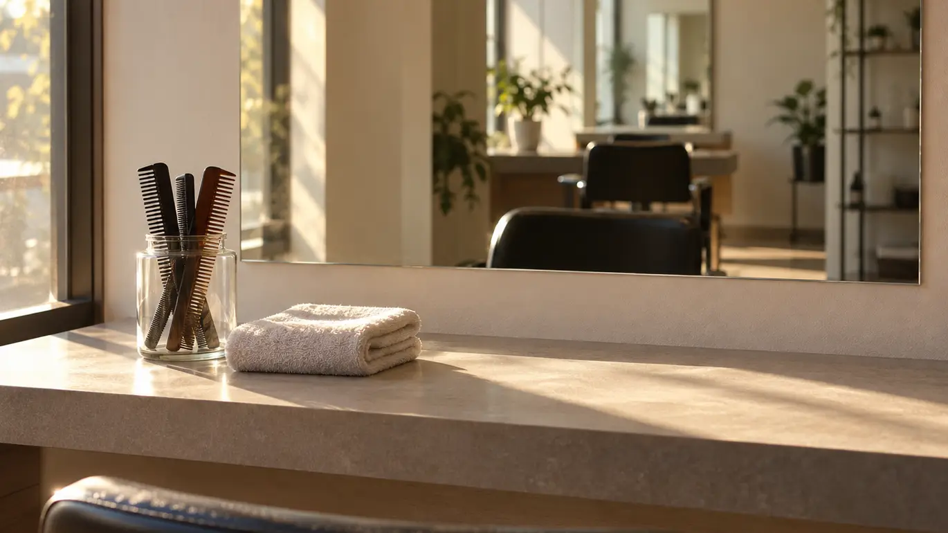 Morning light across an empty salon counter: a mirror, a jar of combs and a folded towel.